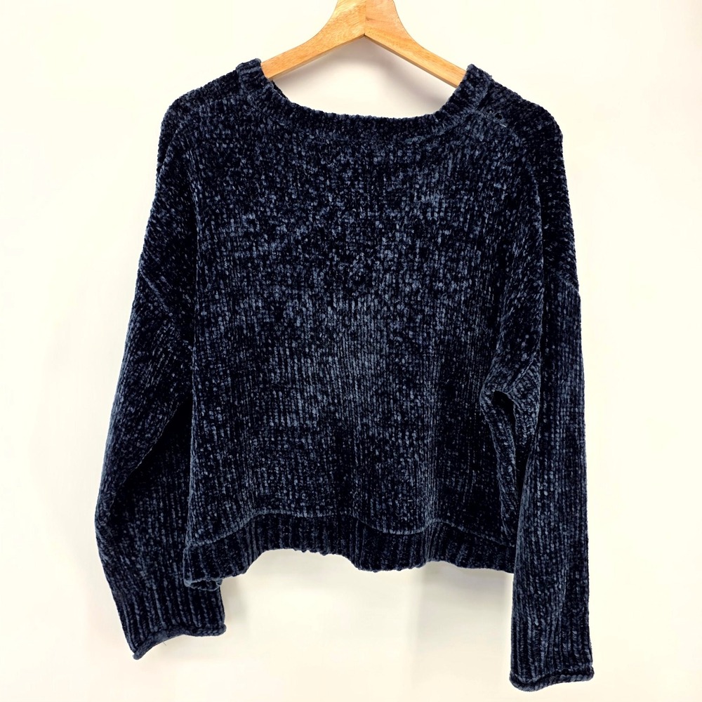 Zara Knit Sweater Womens S Navy Blue Chenille Cropped Scalloped Hem Cozy Plush - Picture 2 of 6